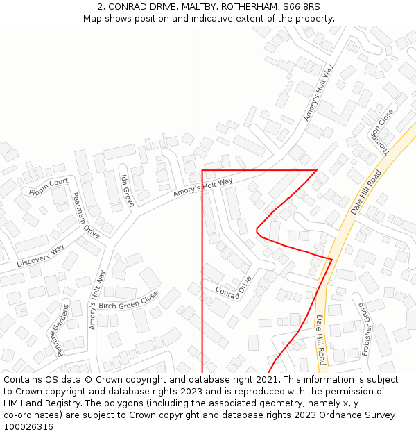 2, CONRAD DRIVE, MALTBY, ROTHERHAM, S66 8RS: Location map and indicative extent of plot