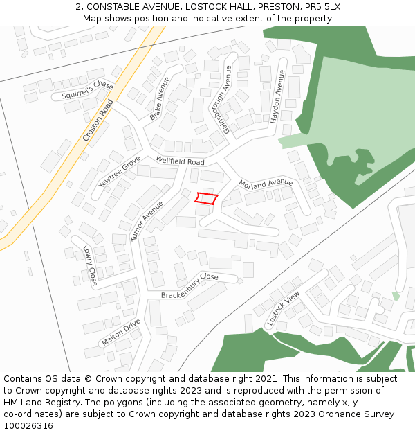 2, CONSTABLE AVENUE, LOSTOCK HALL, PRESTON, PR5 5LX: Location map and indicative extent of plot
