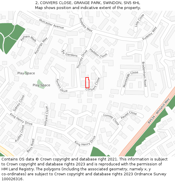 2, CONYERS CLOSE, GRANGE PARK, SWINDON, SN5 6HL: Location map and indicative extent of plot