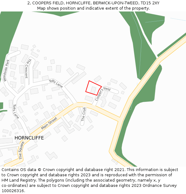 2, COOPERS FIELD, HORNCLIFFE, BERWICK-UPON-TWEED, TD15 2XY: Location map and indicative extent of plot