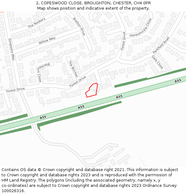 2, COPESWOOD CLOSE, BROUGHTON, CHESTER, CH4 0PR: Location map and indicative extent of plot