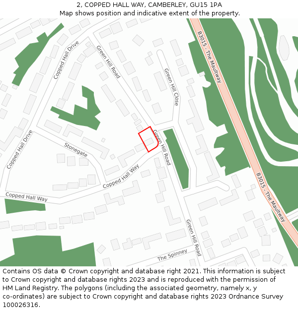 2, COPPED HALL WAY, CAMBERLEY, GU15 1PA: Location map and indicative extent of plot