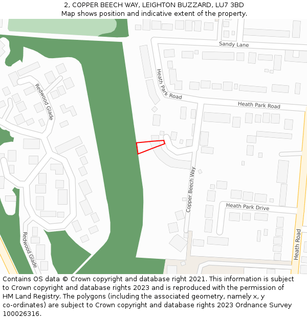 2, COPPER BEECH WAY, LEIGHTON BUZZARD, LU7 3BD: Location map and indicative extent of plot