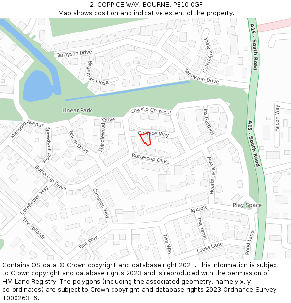 2, COPPICE WAY, BOURNE, PE10 0GF: Location map and indicative extent of plot