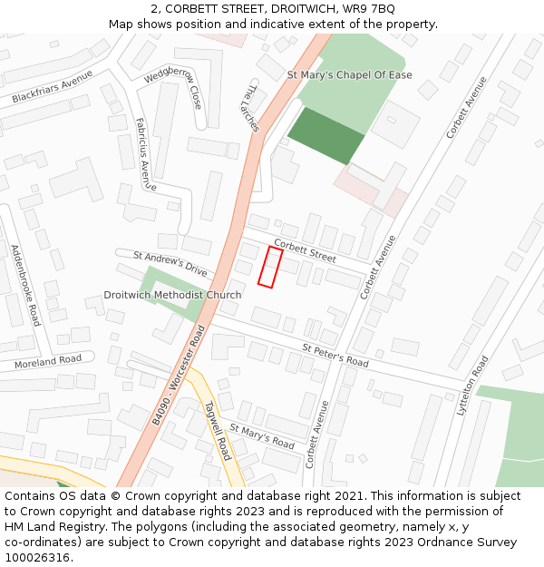 2, CORBETT STREET, DROITWICH, WR9 7BQ: Location map and indicative extent of plot