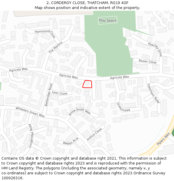 2, CORDEROY CLOSE, THATCHAM, RG19 4GF: Location map and indicative extent of plot