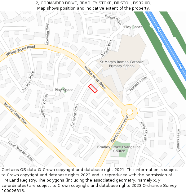 2, CORIANDER DRIVE, BRADLEY STOKE, BRISTOL, BS32 0DJ: Location map and indicative extent of plot