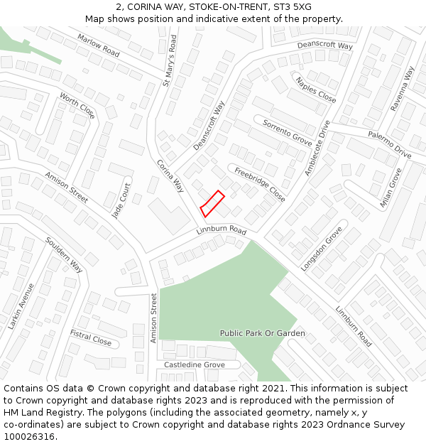 2, CORINA WAY, STOKE-ON-TRENT, ST3 5XG: Location map and indicative extent of plot