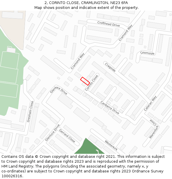 2, CORINTO CLOSE, CRAMLINGTON, NE23 6FA: Location map and indicative extent of plot