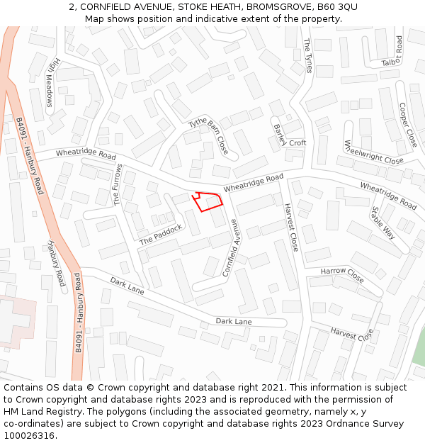 2, CORNFIELD AVENUE, STOKE HEATH, BROMSGROVE, B60 3QU: Location map and indicative extent of plot