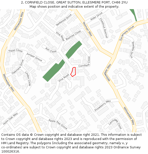 2, CORNFIELD CLOSE, GREAT SUTTON, ELLESMERE PORT, CH66 2YU: Location map and indicative extent of plot
