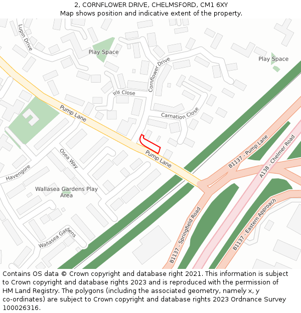 2, CORNFLOWER DRIVE, CHELMSFORD, CM1 6XY: Location map and indicative extent of plot