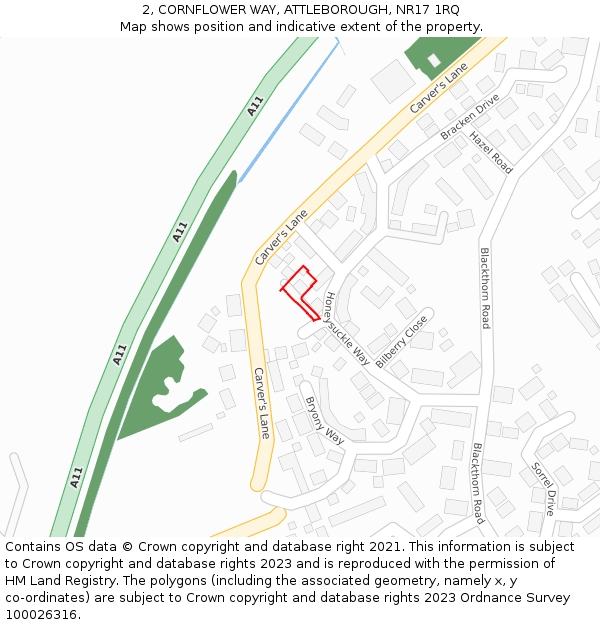 2, CORNFLOWER WAY, ATTLEBOROUGH, NR17 1RQ: Location map and indicative extent of plot