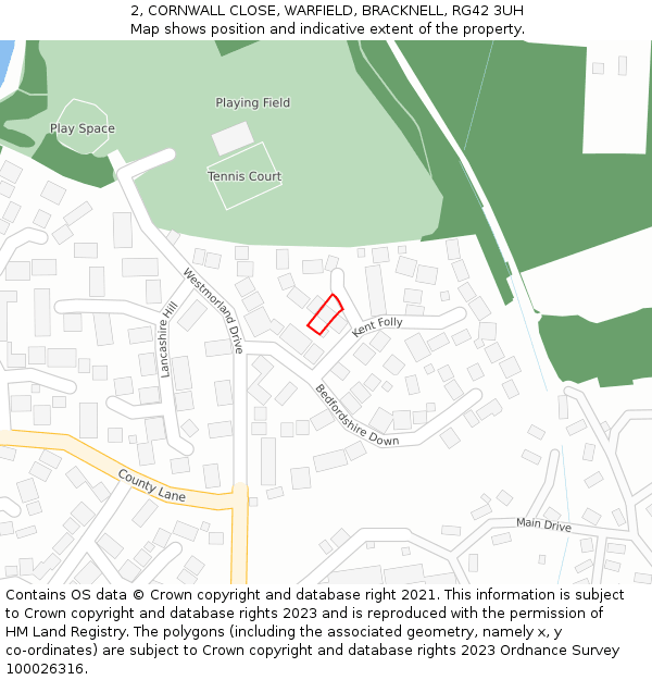 2, CORNWALL CLOSE, WARFIELD, BRACKNELL, RG42 3UH: Location map and indicative extent of plot
