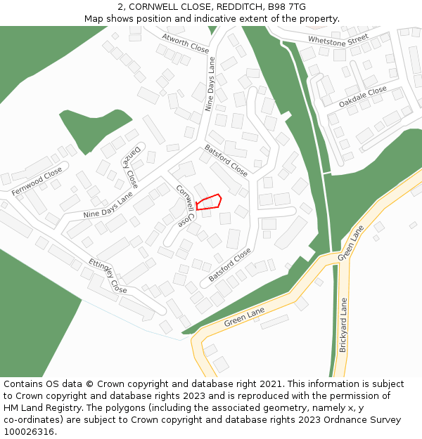 2, CORNWELL CLOSE, REDDITCH, B98 7TG: Location map and indicative extent of plot