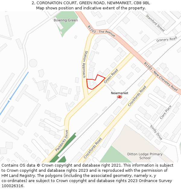 2, CORONATION COURT, GREEN ROAD, NEWMARKET, CB8 9BL: Location map and indicative extent of plot