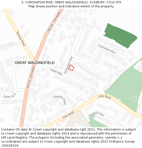 2, CORONATION RISE, GREAT WALDINGFIELD, SUDBURY, CO10 0TX: Location map and indicative extent of plot