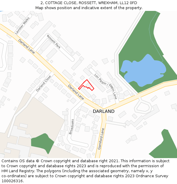 2, COTTAGE CLOSE, ROSSETT, WREXHAM, LL12 0FD: Location map and indicative extent of plot