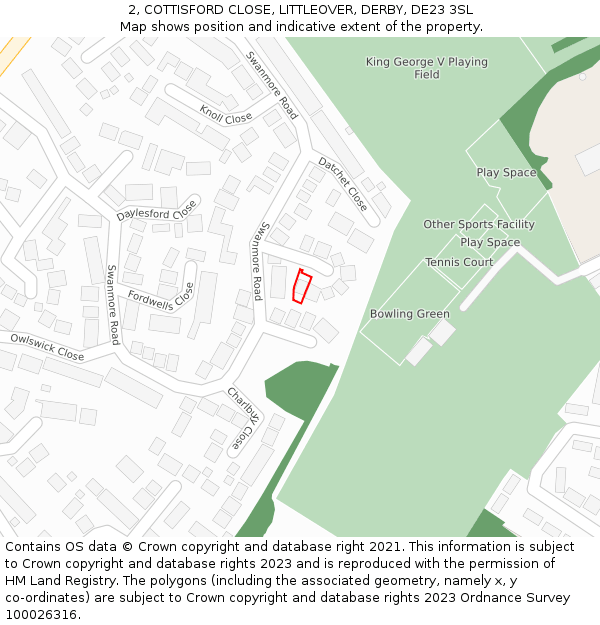2, COTTISFORD CLOSE, LITTLEOVER, DERBY, DE23 3SL: Location map and indicative extent of plot