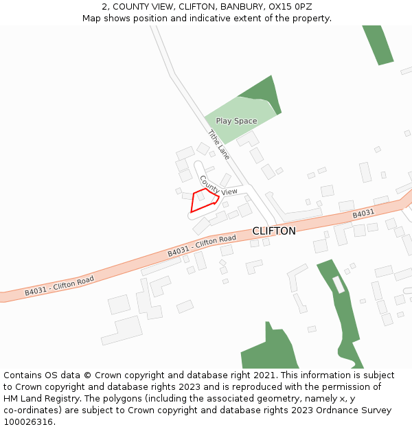 2, COUNTY VIEW, CLIFTON, BANBURY, OX15 0PZ: Location map and indicative extent of plot