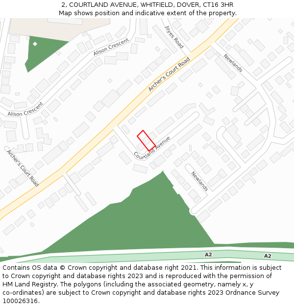 2, COURTLAND AVENUE, WHITFIELD, DOVER, CT16 3HR: Location map and indicative extent of plot