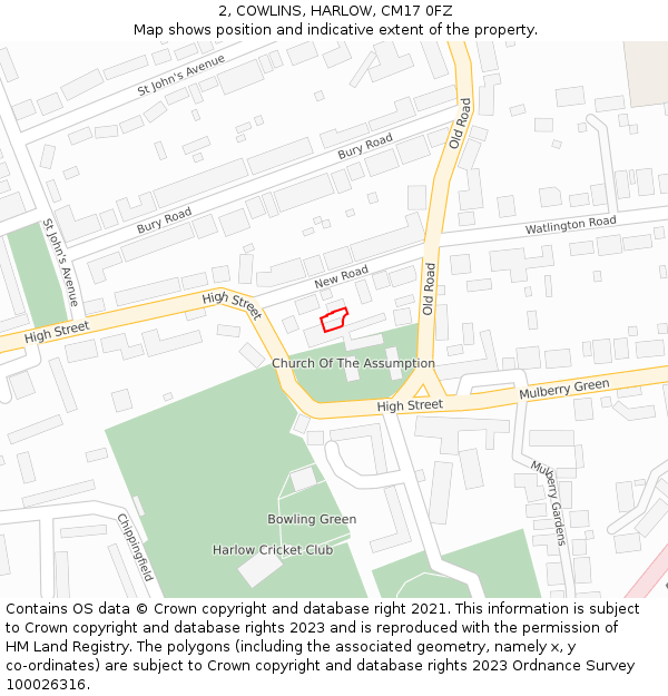 2, COWLINS, HARLOW, CM17 0FZ: Location map and indicative extent of plot