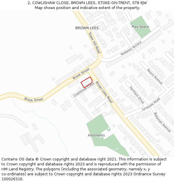 2, COWLISHAW CLOSE, BROWN LEES, STOKE-ON-TRENT, ST8 6JW: Location map and indicative extent of plot