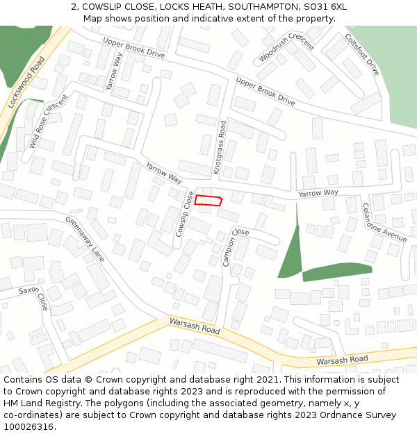 2, COWSLIP CLOSE, LOCKS HEATH, SOUTHAMPTON, SO31 6XL: Location map and indicative extent of plot