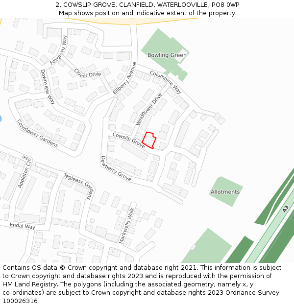 2, COWSLIP GROVE, CLANFIELD, WATERLOOVILLE, PO8 0WP: Location map and indicative extent of plot