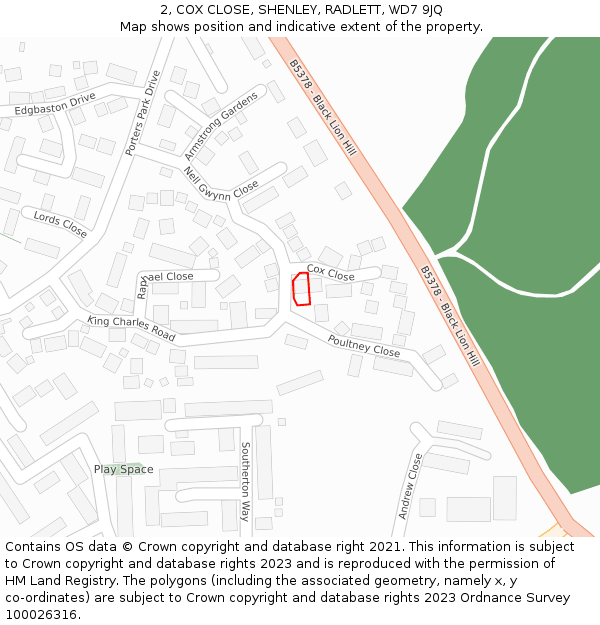 2, COX CLOSE, SHENLEY, RADLETT, WD7 9JQ: Location map and indicative extent of plot