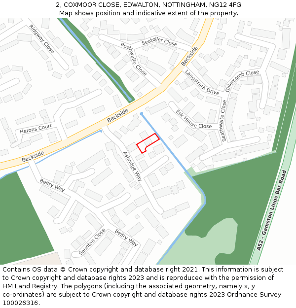 2, COXMOOR CLOSE, EDWALTON, NOTTINGHAM, NG12 4FG: Location map and indicative extent of plot