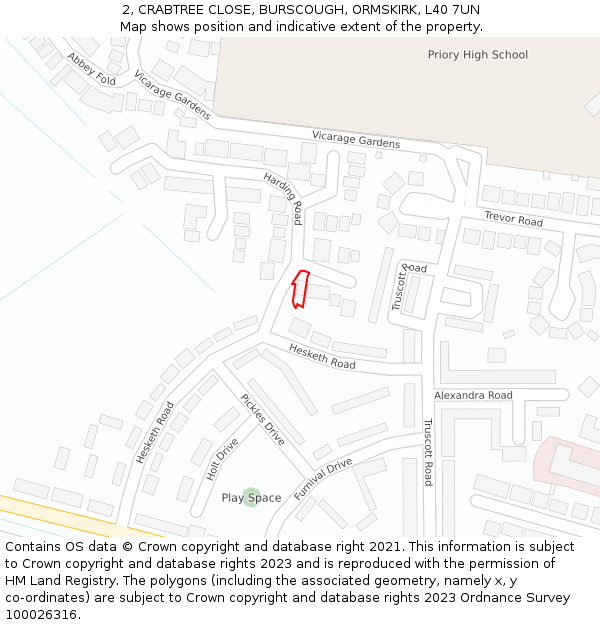 2, CRABTREE CLOSE, BURSCOUGH, ORMSKIRK, L40 7UN: Location map and indicative extent of plot
