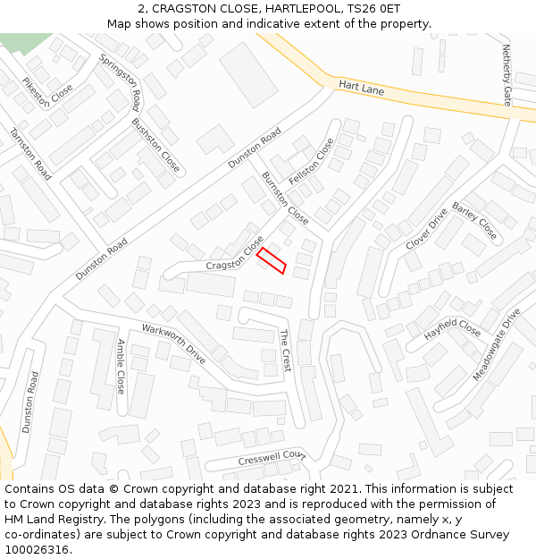 2, CRAGSTON CLOSE, HARTLEPOOL, TS26 0ET: Location map and indicative extent of plot