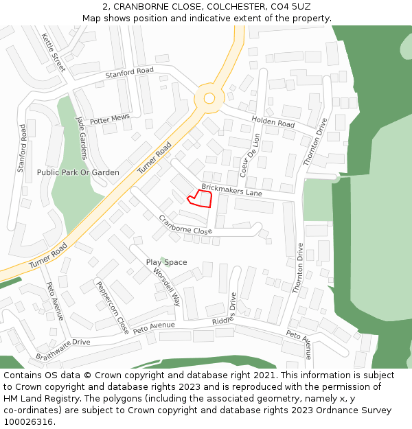 2, CRANBORNE CLOSE, COLCHESTER, CO4 5UZ: Location map and indicative extent of plot