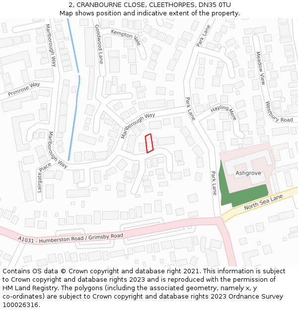 2, CRANBOURNE CLOSE, CLEETHORPES, DN35 0TU: Location map and indicative extent of plot