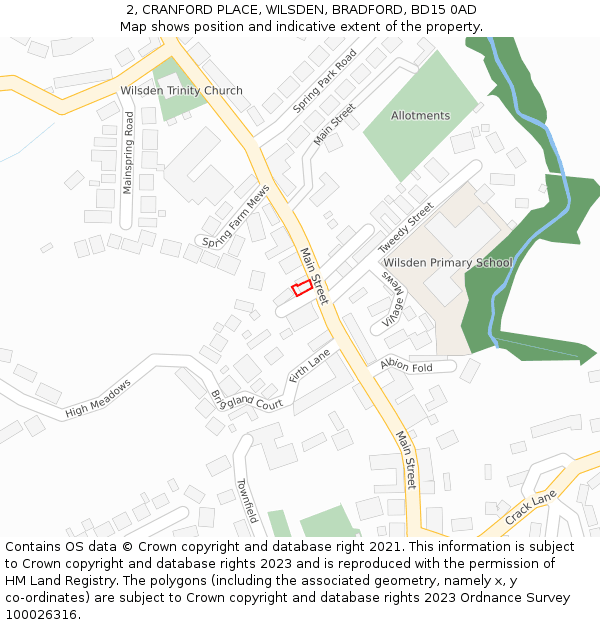 2, CRANFORD PLACE, WILSDEN, BRADFORD, BD15 0AD: Location map and indicative extent of plot