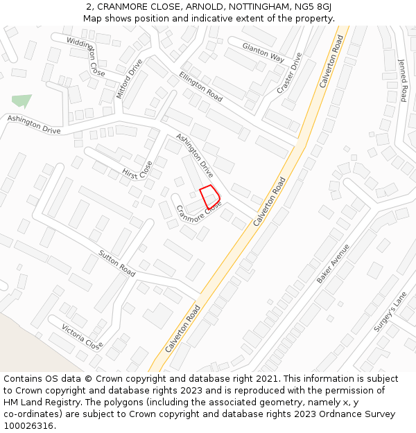 2, CRANMORE CLOSE, ARNOLD, NOTTINGHAM, NG5 8GJ: Location map and indicative extent of plot