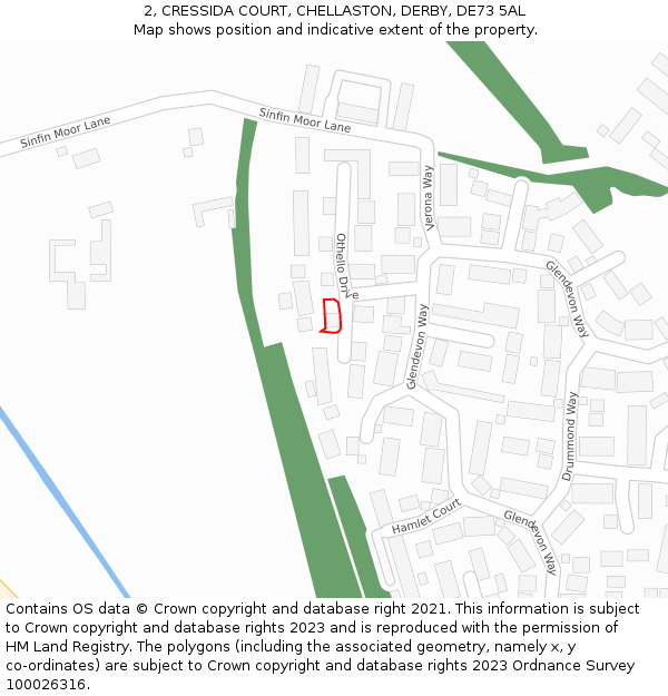 2, CRESSIDA COURT, CHELLASTON, DERBY, DE73 5AL: Location map and indicative extent of plot