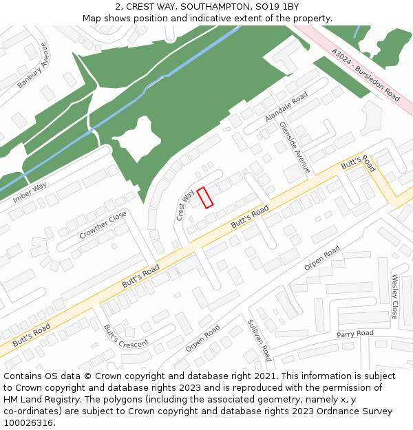 2, CREST WAY, SOUTHAMPTON, SO19 1BY: Location map and indicative extent of plot