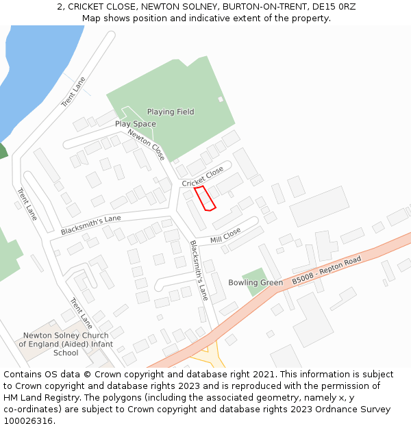 2, CRICKET CLOSE, NEWTON SOLNEY, BURTON-ON-TRENT, DE15 0RZ: Location map and indicative extent of plot