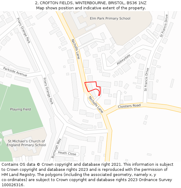 2, CROFTON FIELDS, WINTERBOURNE, BRISTOL, BS36 1NZ: Location map and indicative extent of plot