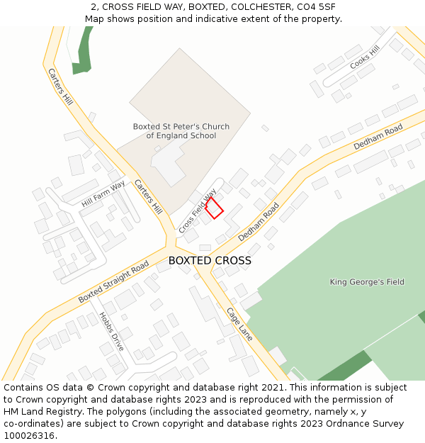 2, CROSS FIELD WAY, BOXTED, COLCHESTER, CO4 5SF: Location map and indicative extent of plot