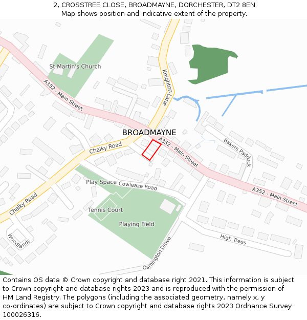 2, CROSSTREE CLOSE, BROADMAYNE, DORCHESTER, DT2 8EN: Location map and indicative extent of plot