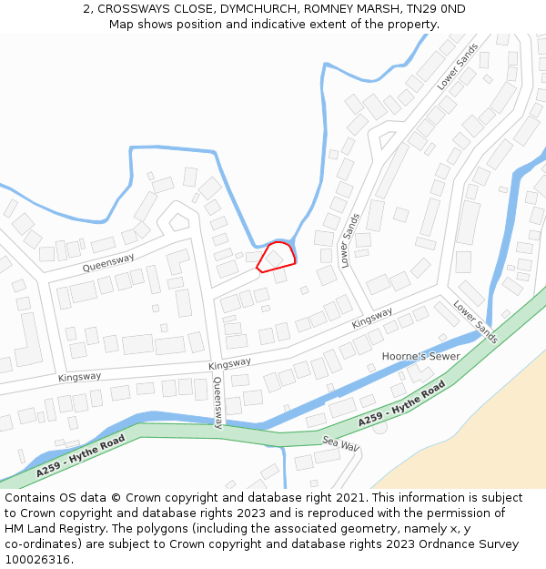 2, CROSSWAYS CLOSE, DYMCHURCH, ROMNEY MARSH, TN29 0ND: Location map and indicative extent of plot