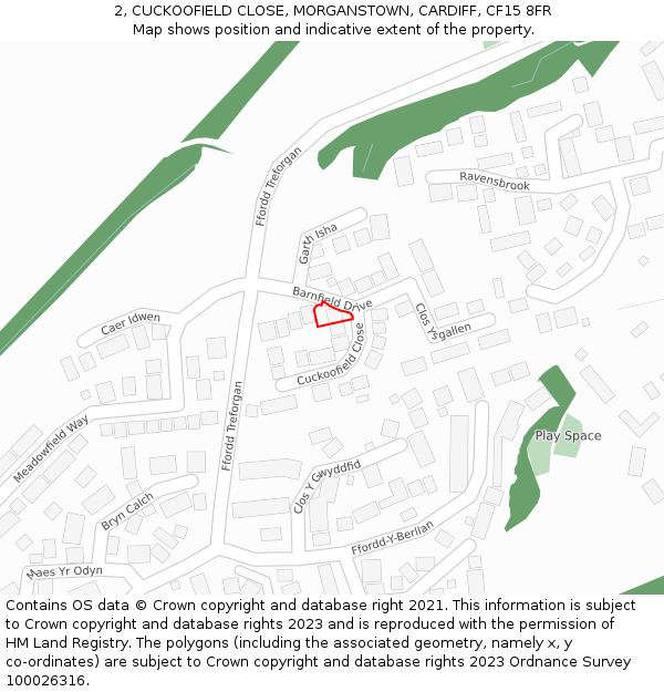 2, CUCKOOFIELD CLOSE, MORGANSTOWN, CARDIFF, CF15 8FR: Location map and indicative extent of plot