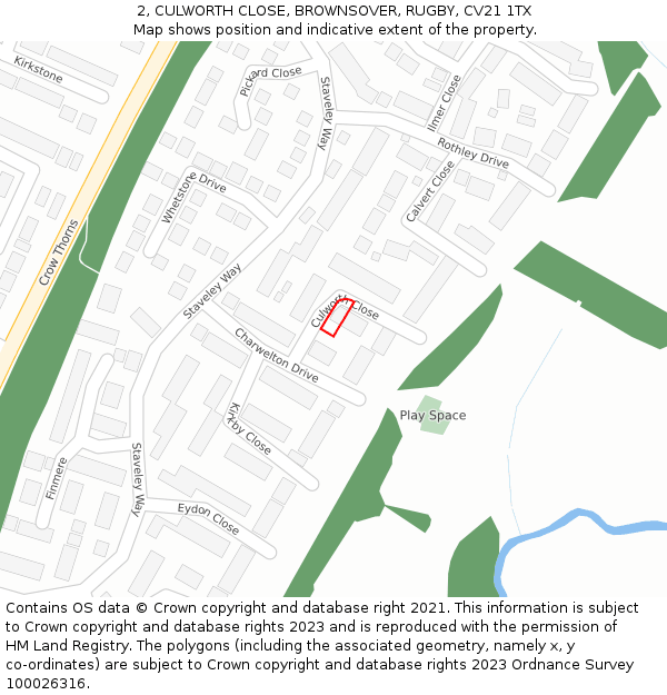 2, CULWORTH CLOSE, BROWNSOVER, RUGBY, CV21 1TX: Location map and indicative extent of plot