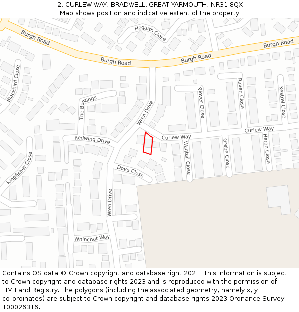 2, CURLEW WAY, BRADWELL, GREAT YARMOUTH, NR31 8QX: Location map and indicative extent of plot