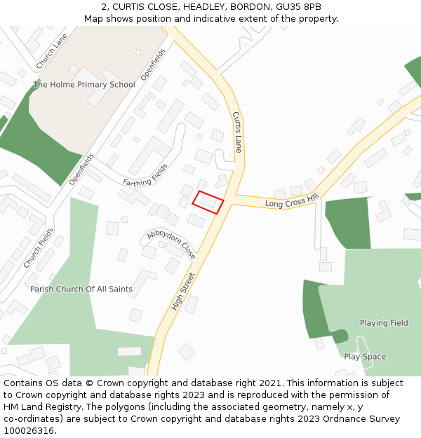 2, CURTIS CLOSE, HEADLEY, BORDON, GU35 8PB: Location map and indicative extent of plot