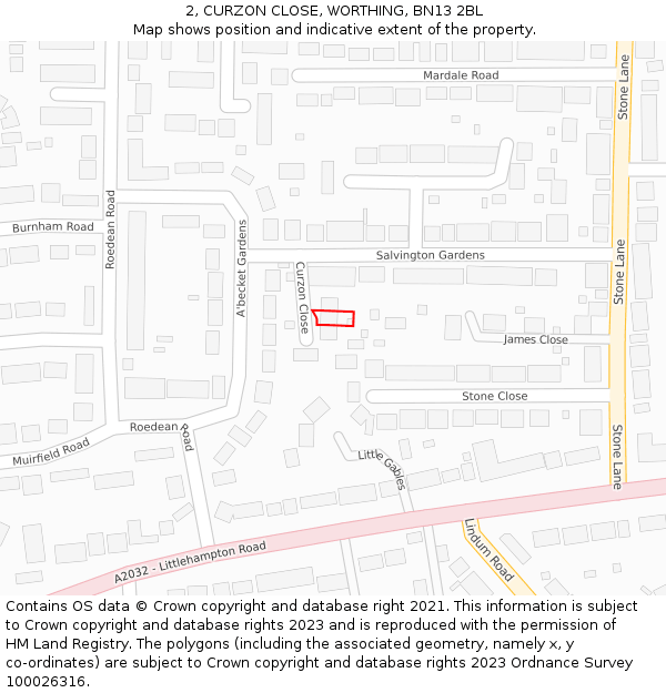 2, CURZON CLOSE, WORTHING, BN13 2BL: Location map and indicative extent of plot