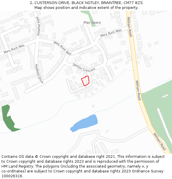 2, CUSTERSON DRIVE, BLACK NOTLEY, BRAINTREE, CM77 8ZS: Location map and indicative extent of plot